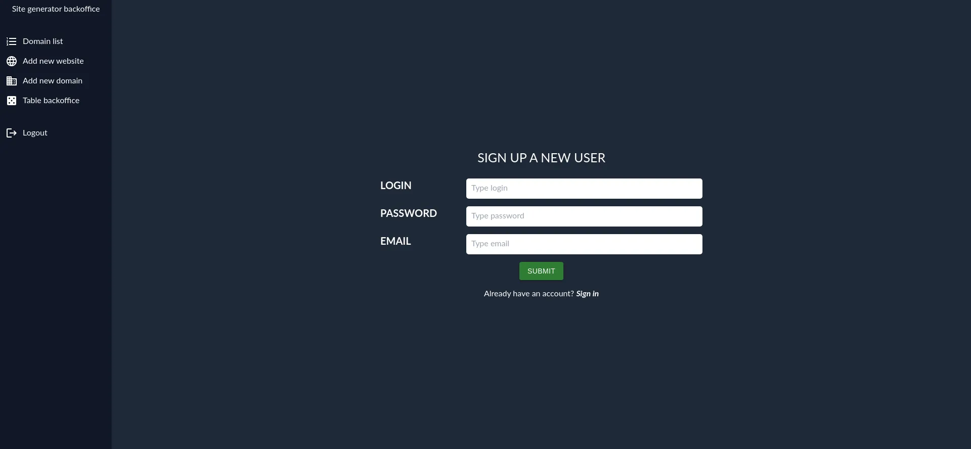 Website screenshot of Site-generator.com