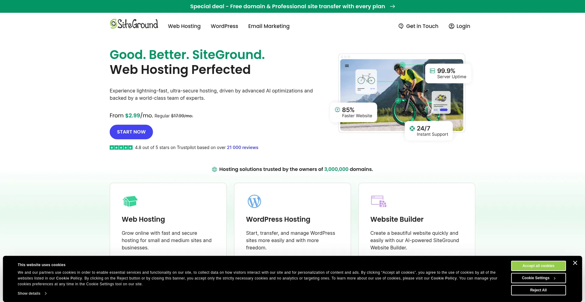 Website screenshot of Siteground.com