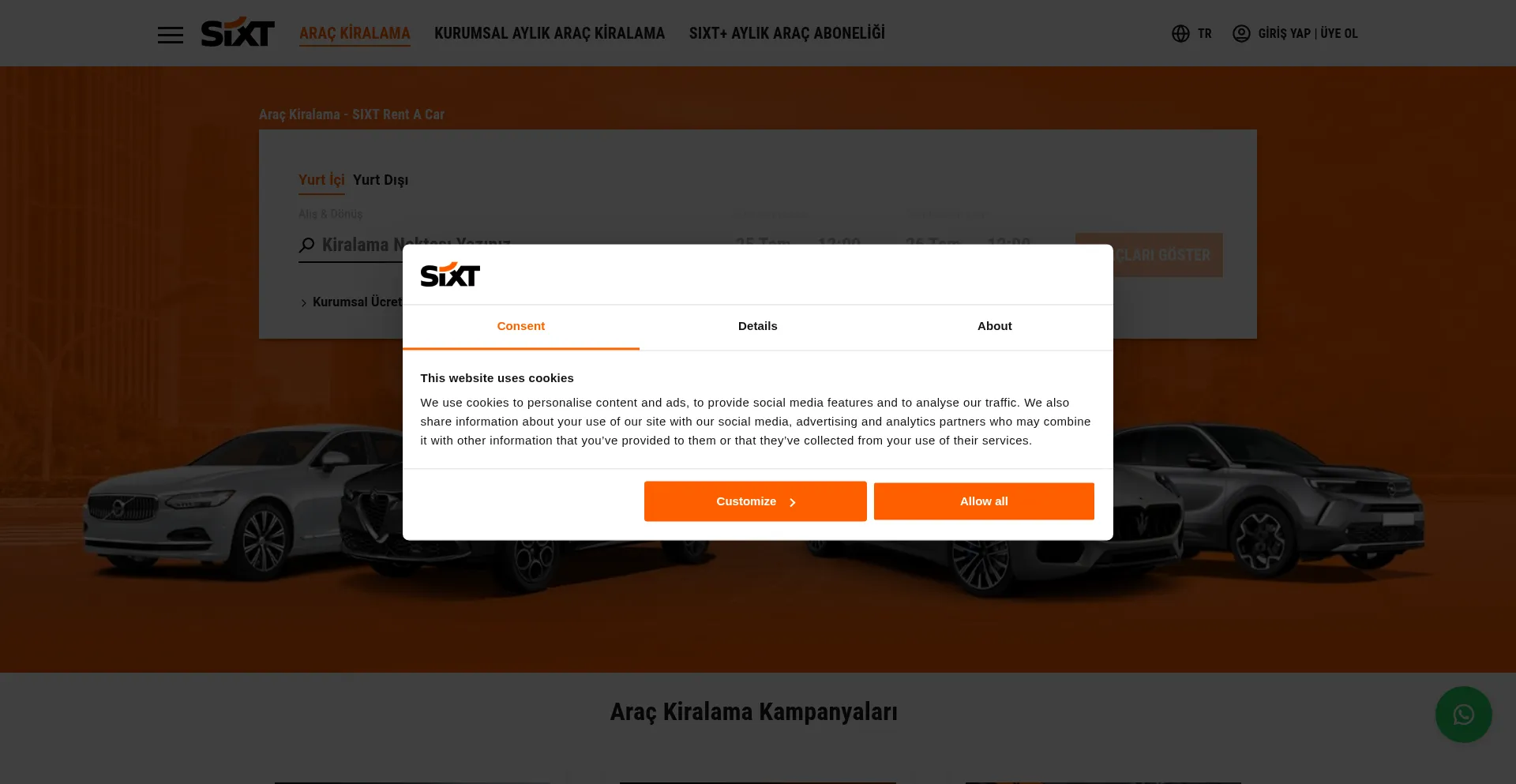 Website screenshot of Sixt.com.tr