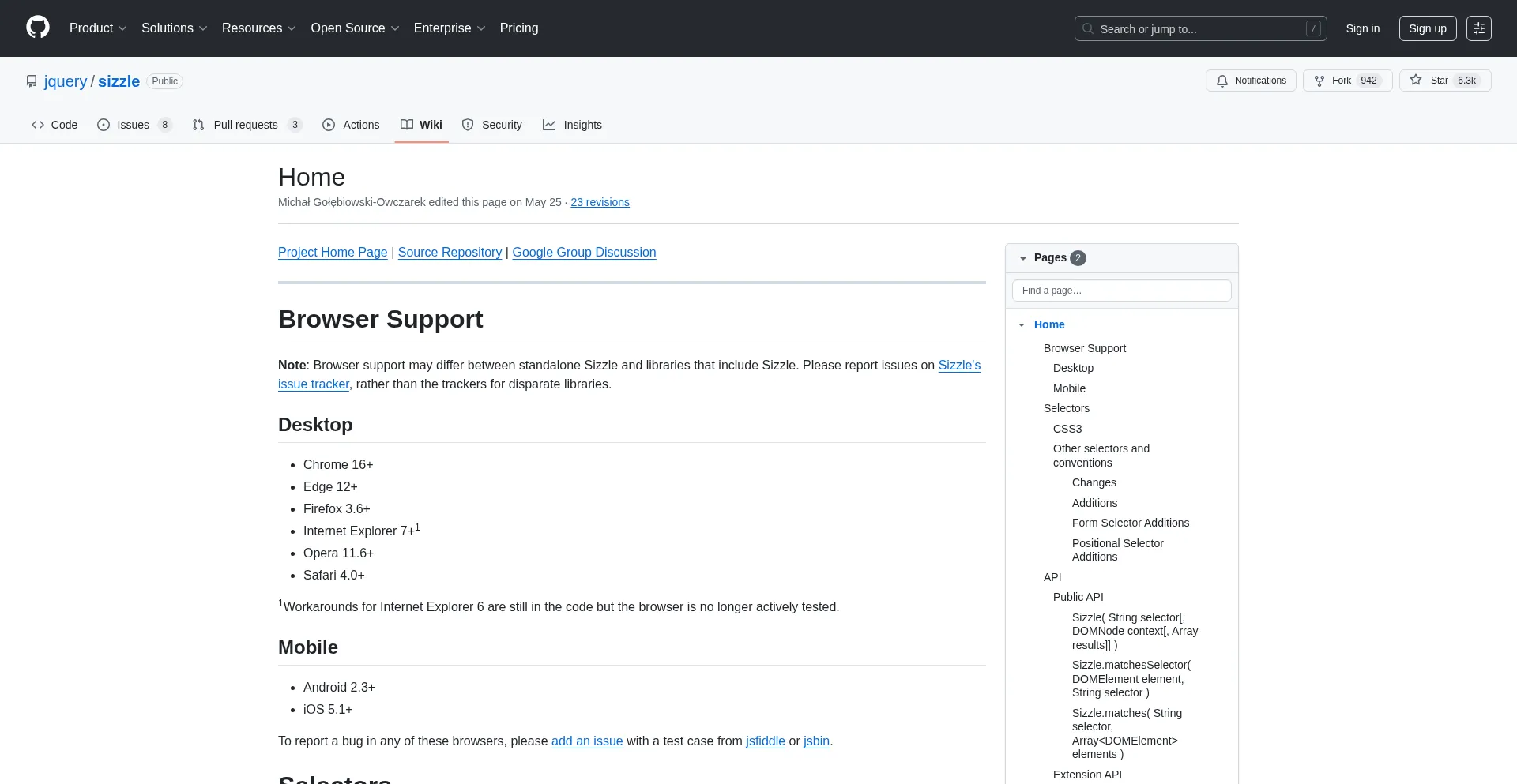 Website screenshot of Sizzlejs.com