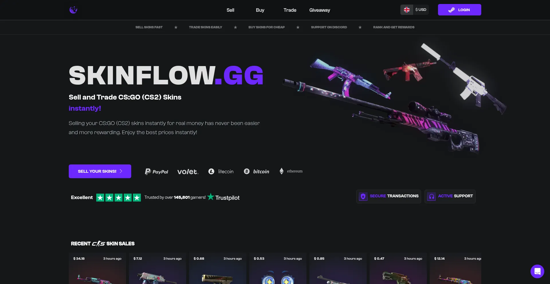 Website screenshot of Skinflow.gg