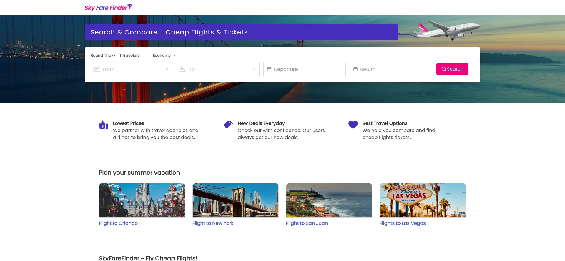 Website screenshot of Skyfarefinder.com