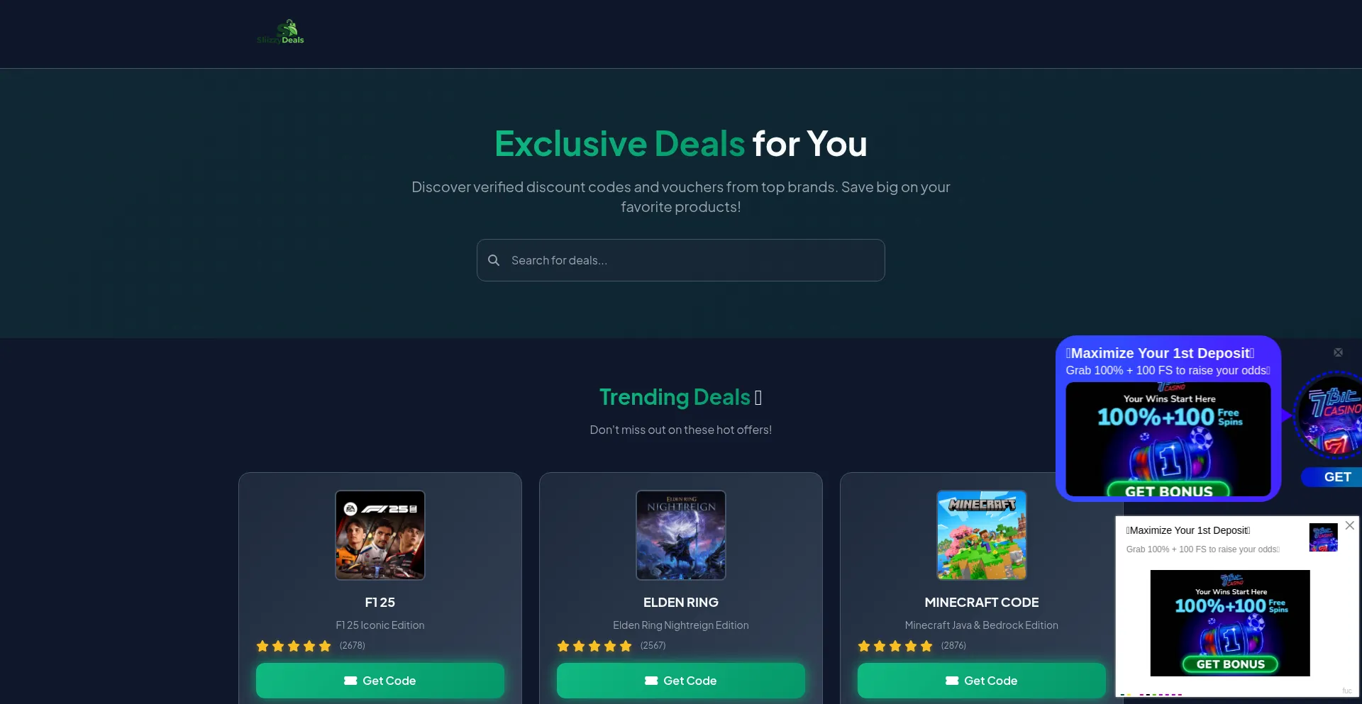 Website screenshot of Slizzydeals.com