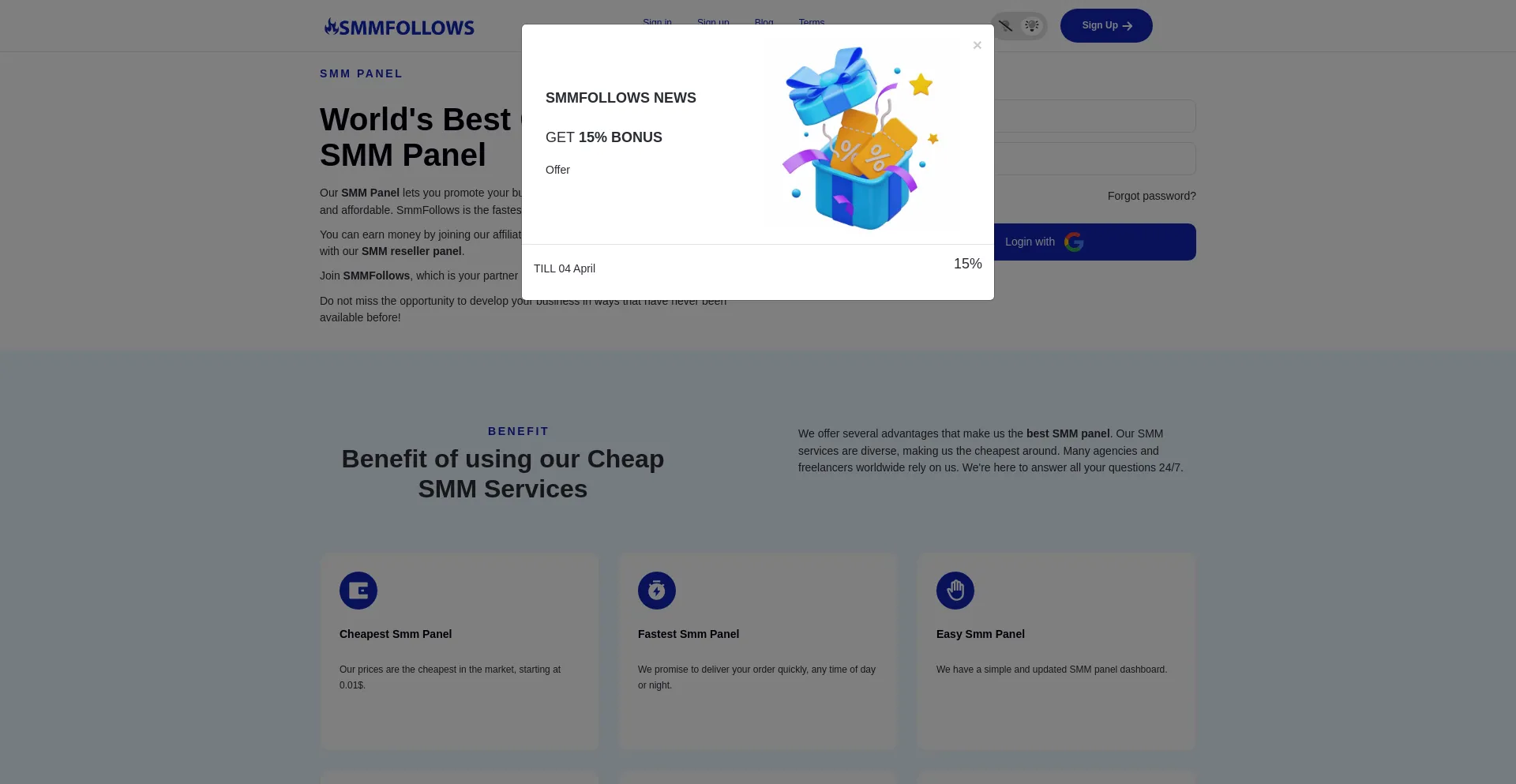 Website screenshot of Smmfollows.com