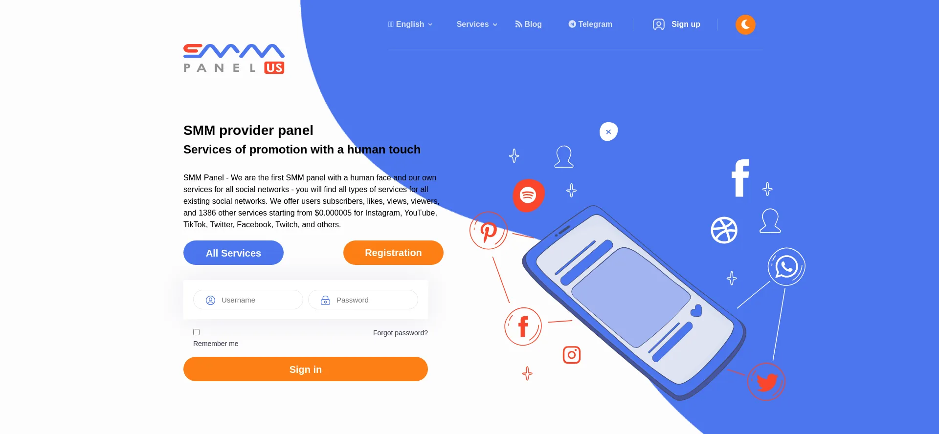 Website screenshot of Smmpanelus.com