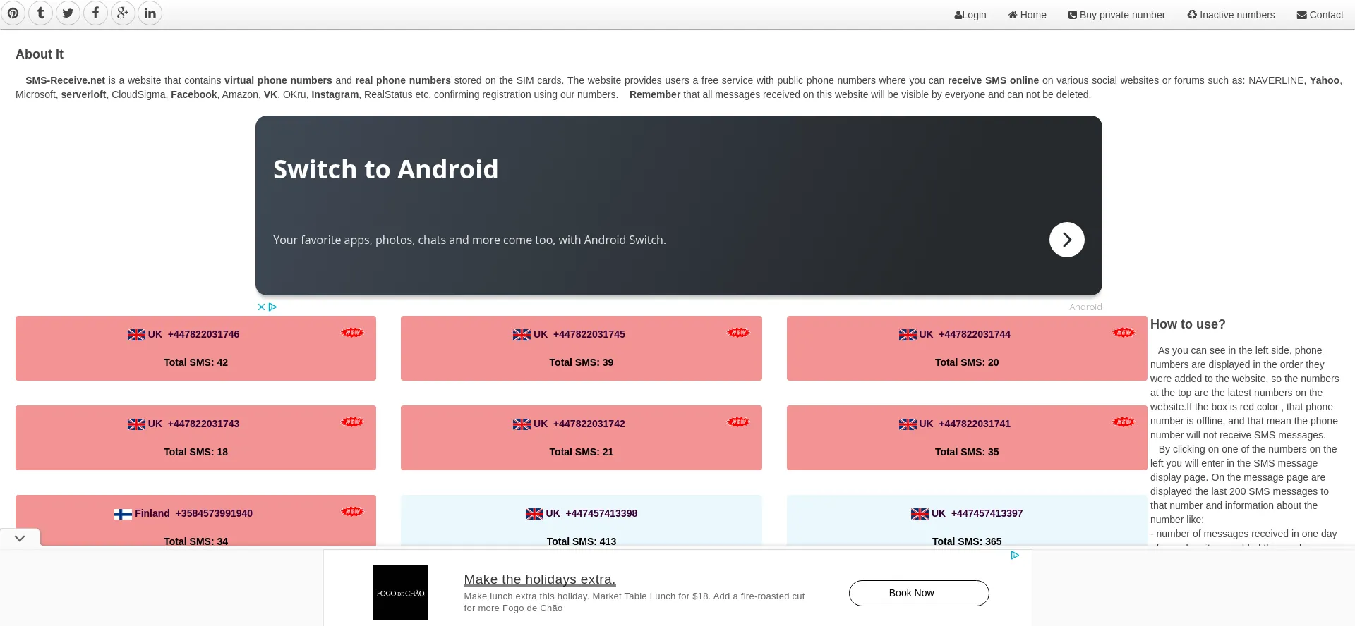 Website screenshot of Sms-receive.net