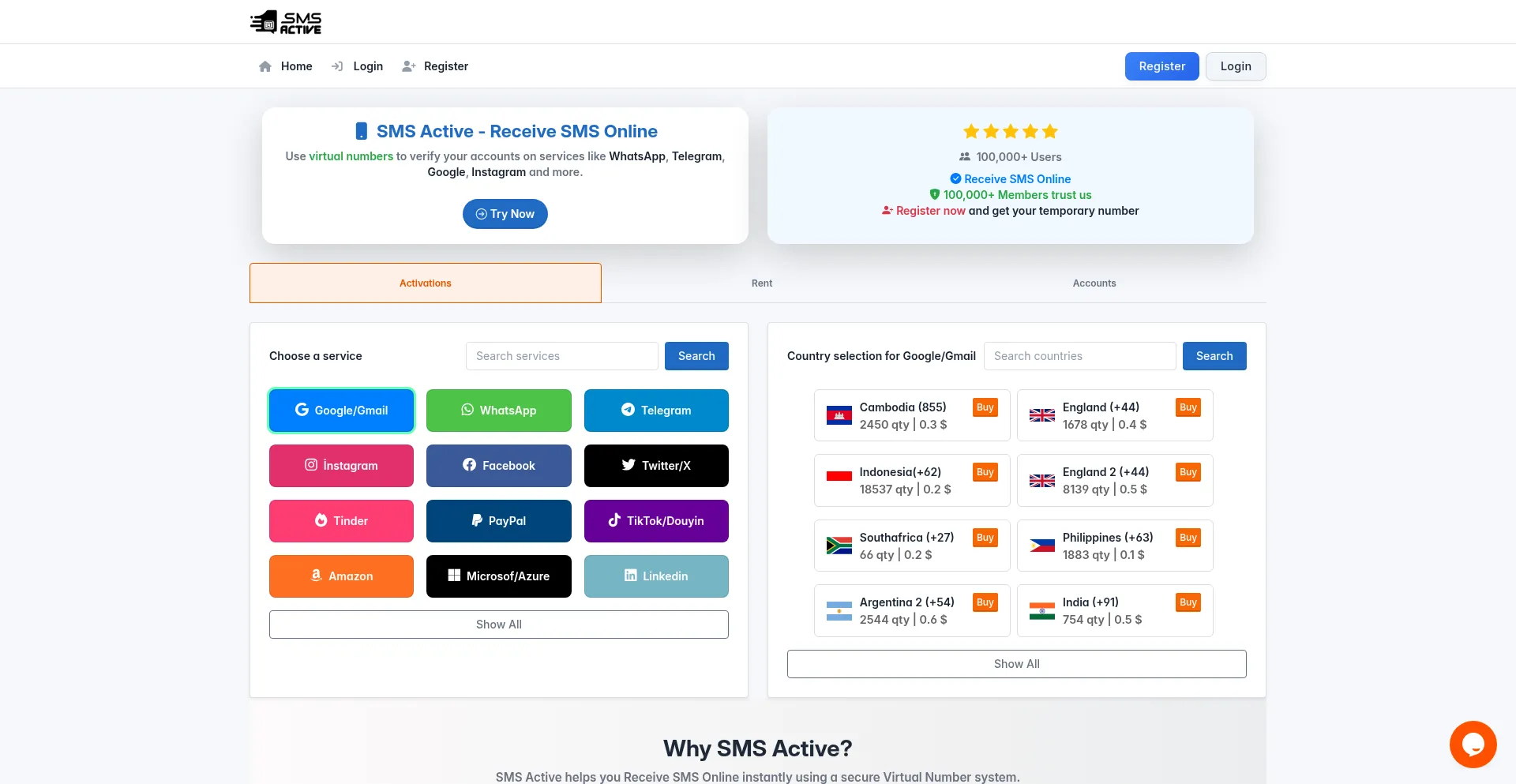 Website screenshot of Smsactive.com