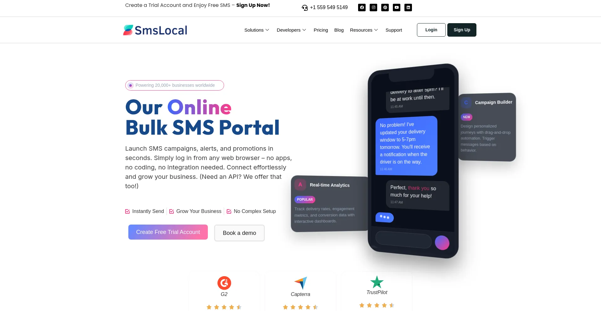 Website screenshot of Smslocal.com