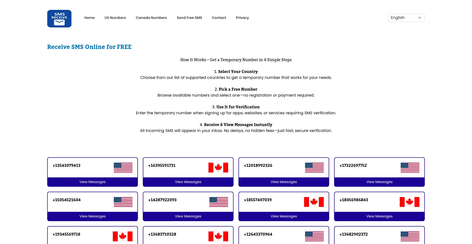 Website screenshot of Smsreceive.cc