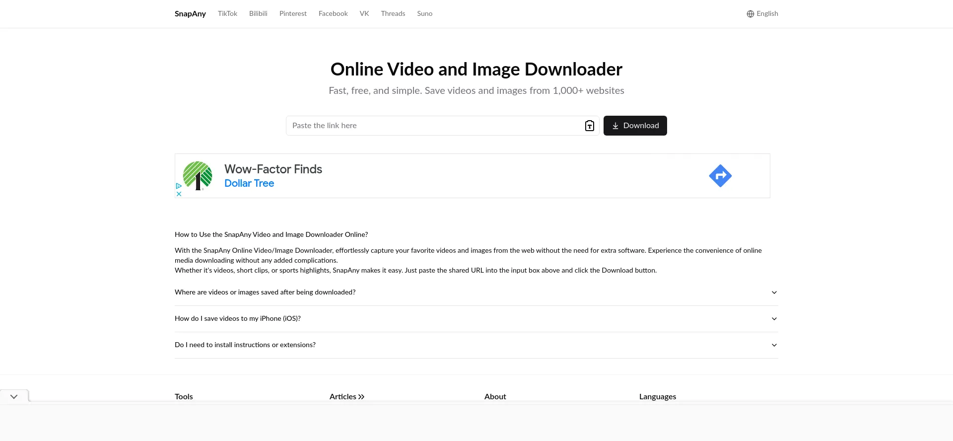 Website screenshot of Snapany.com