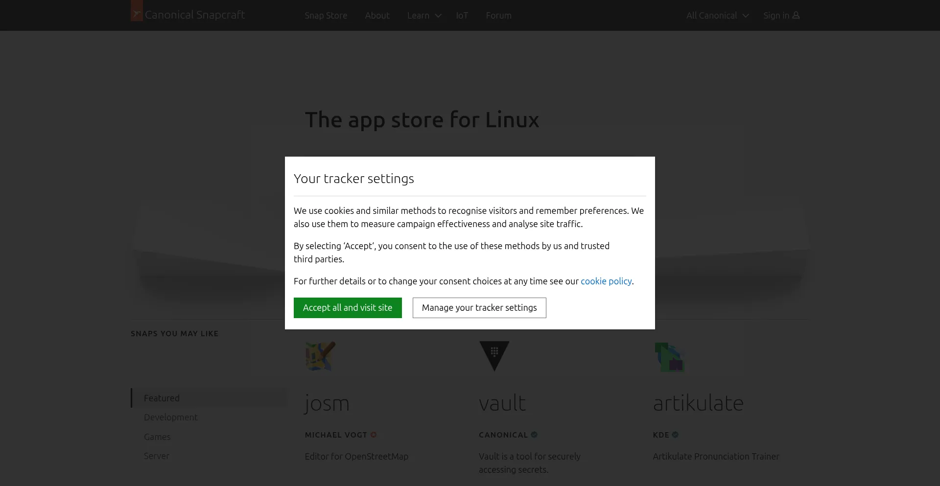 Website screenshot of Snapcraft.io