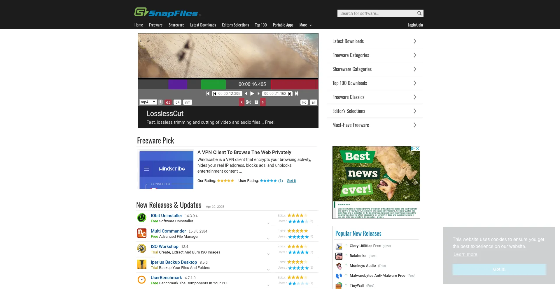 Website screenshot of Snapfiles.com