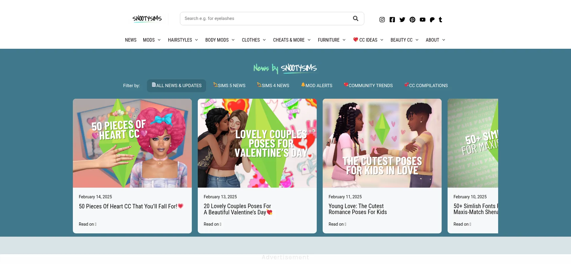 Website screenshot of Snootysims.com