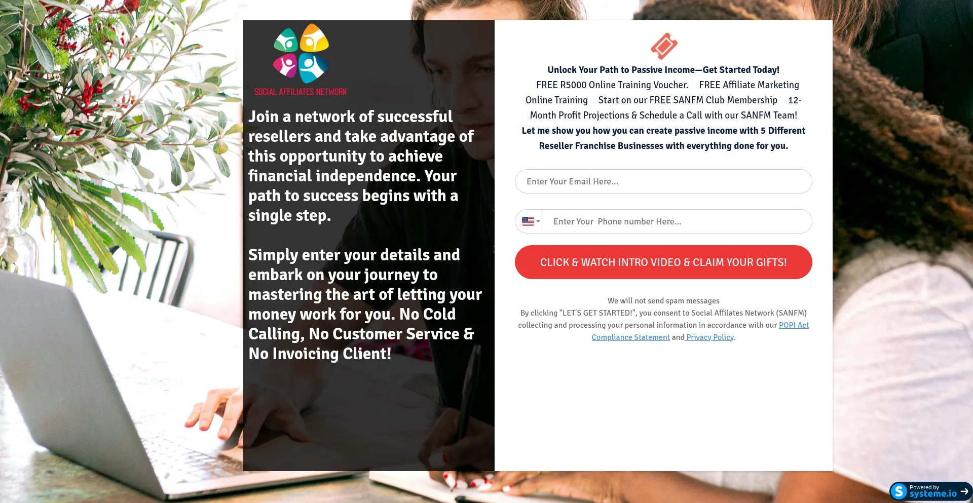 Website screenshot of Socialaffiliatesnetwork.co.za