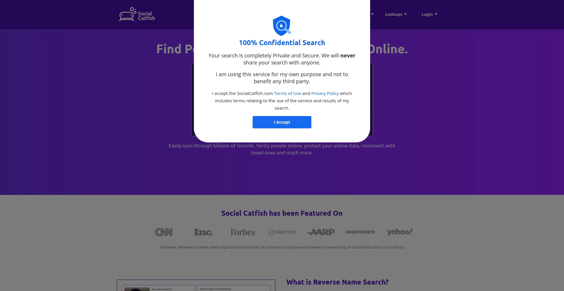 Website screenshot of Socialcatfish.com