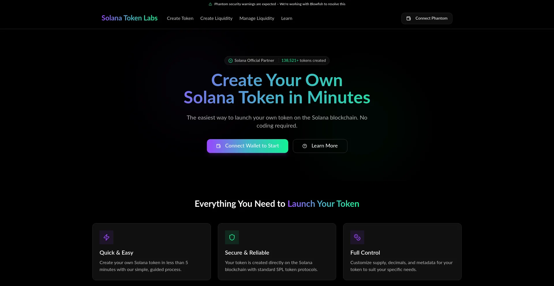 Website screenshot of Solanatokenlabs.io