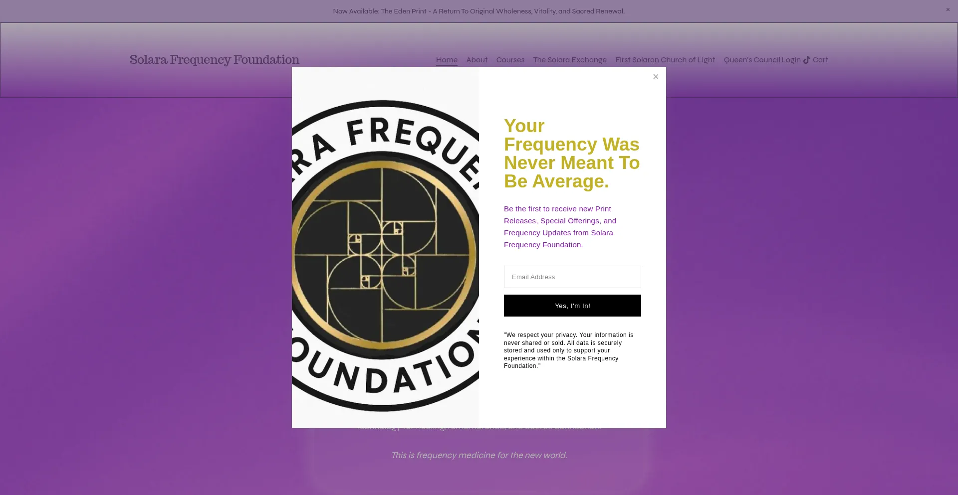 Website screenshot of Solarafrequencyfoundation.com