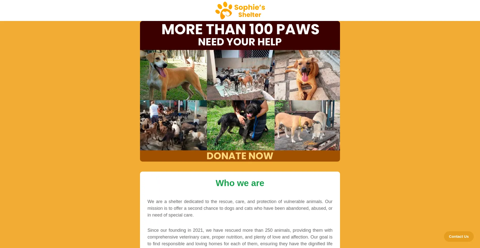 Website screenshot of Sophies-shelter.org