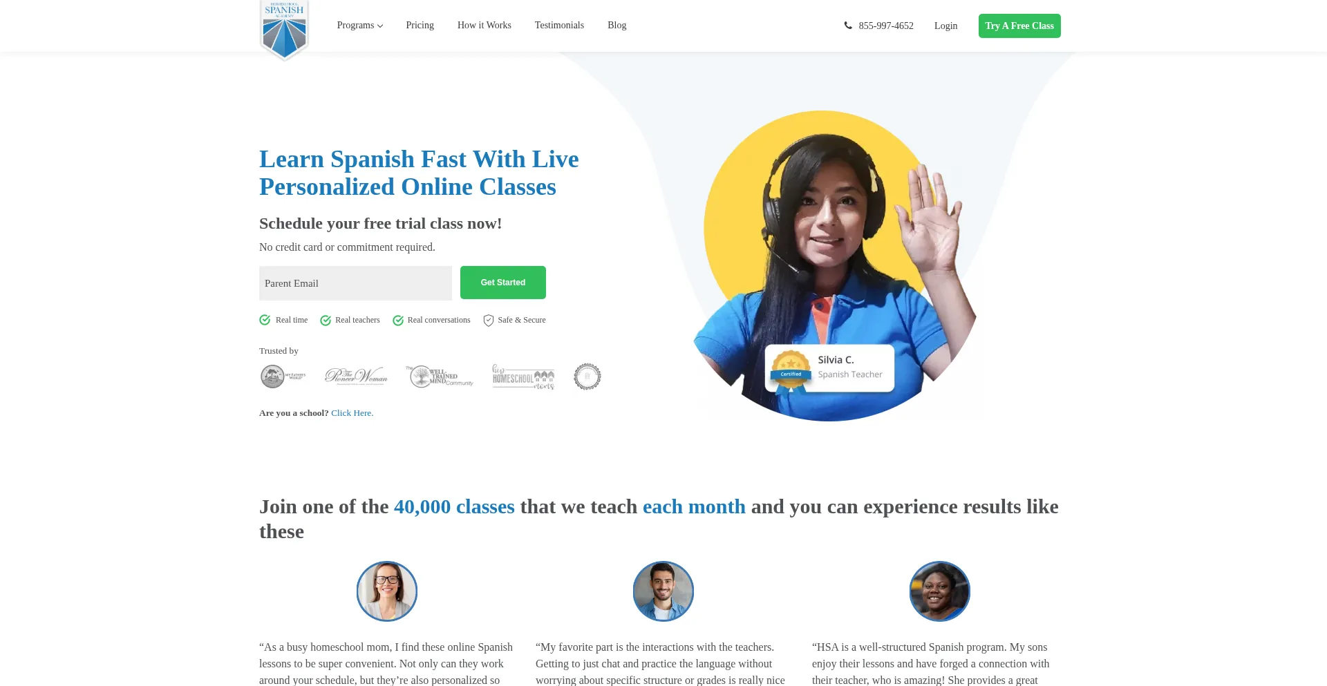 Website screenshot of Spanish.academy