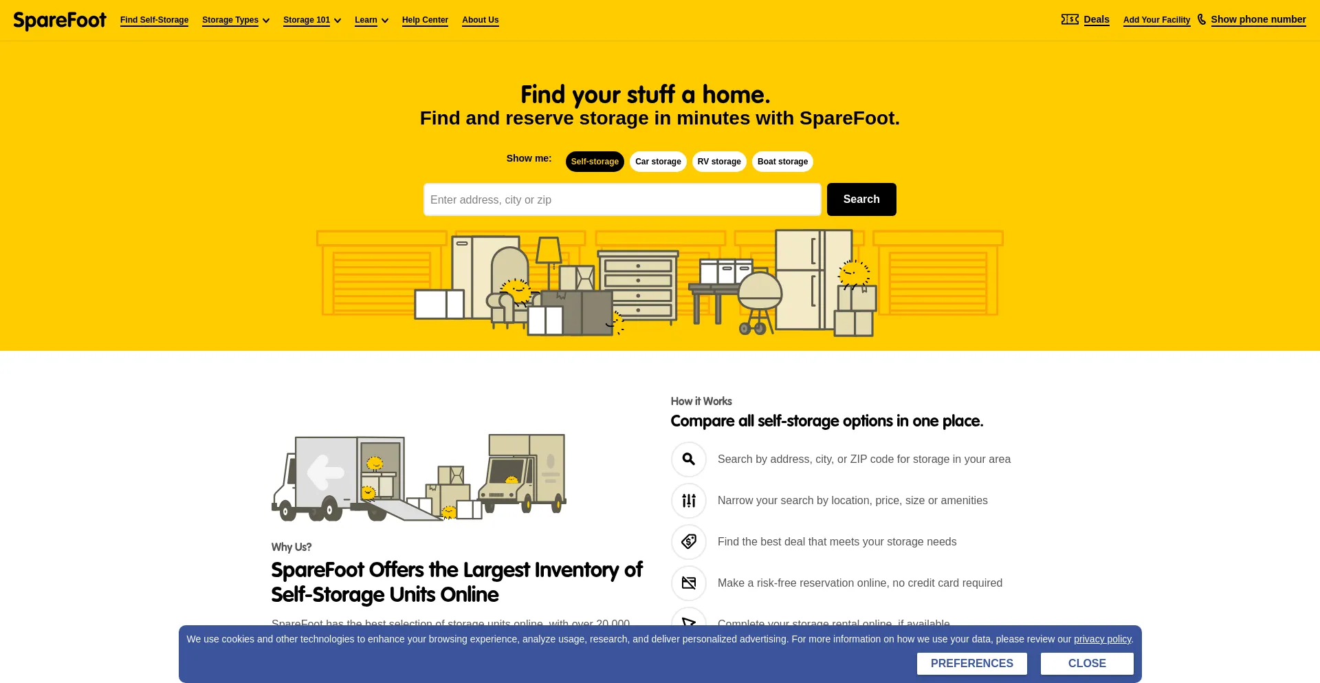 Website screenshot of Sparefoot.com