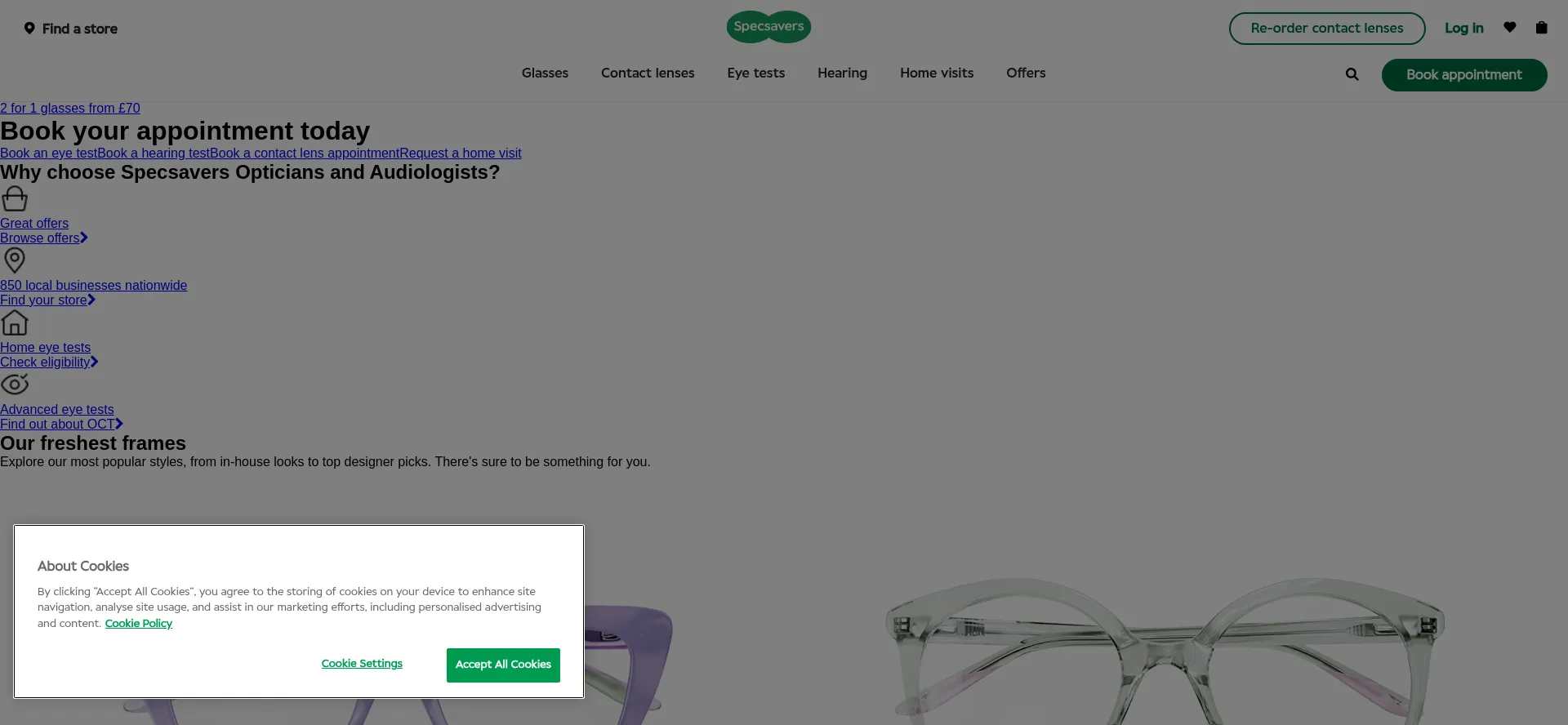 Website screenshot of Specsavers.co.uk