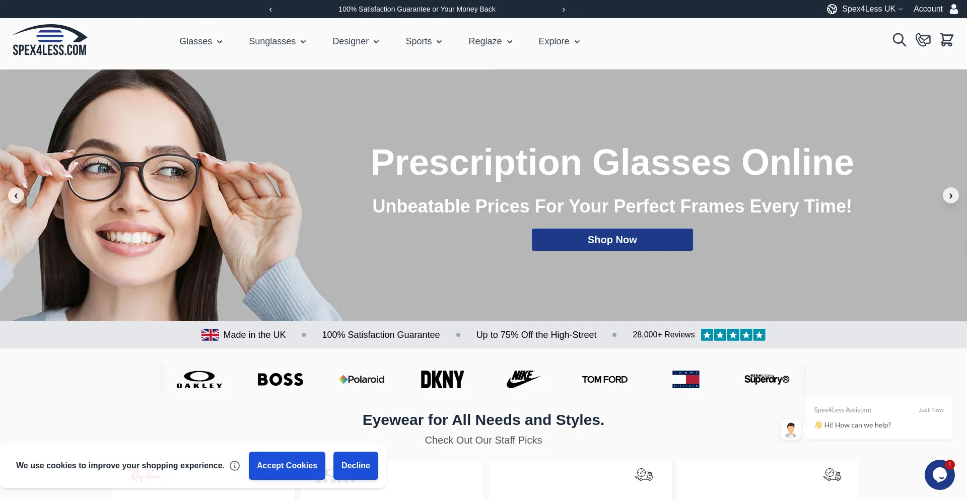 Website screenshot of Spex4less.com