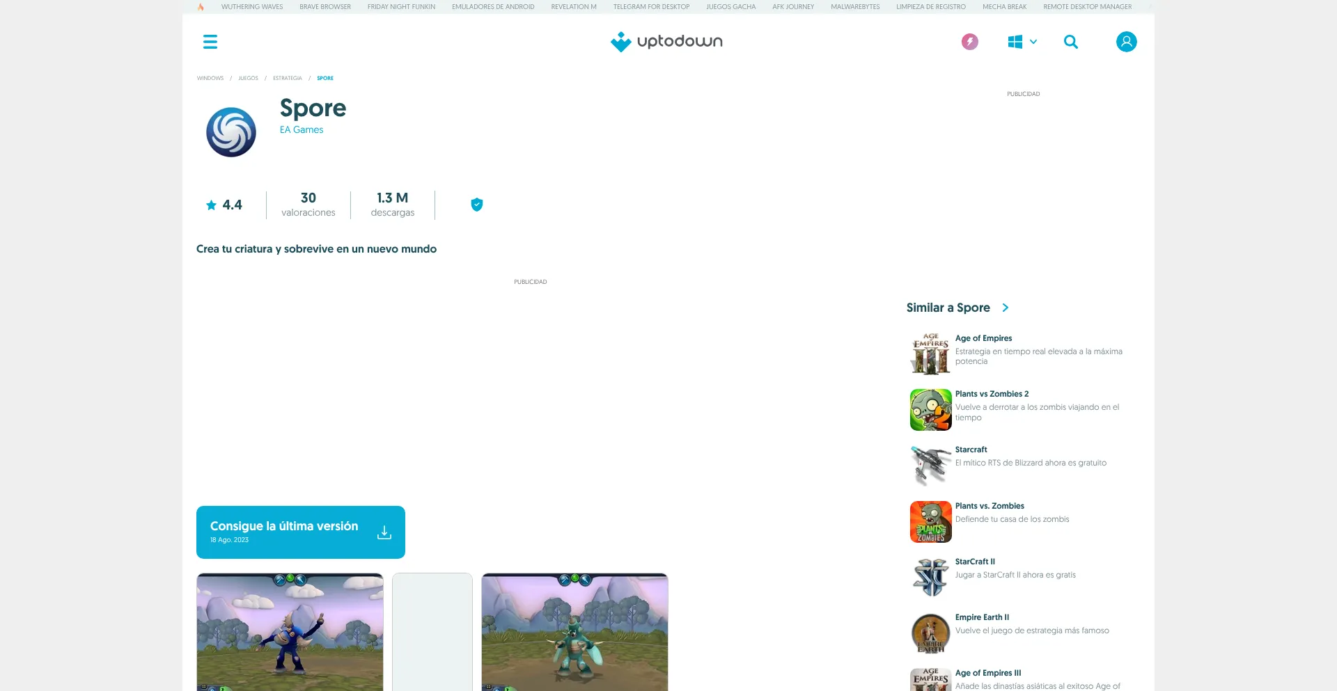 Website screenshot of Spore.uptodown.com