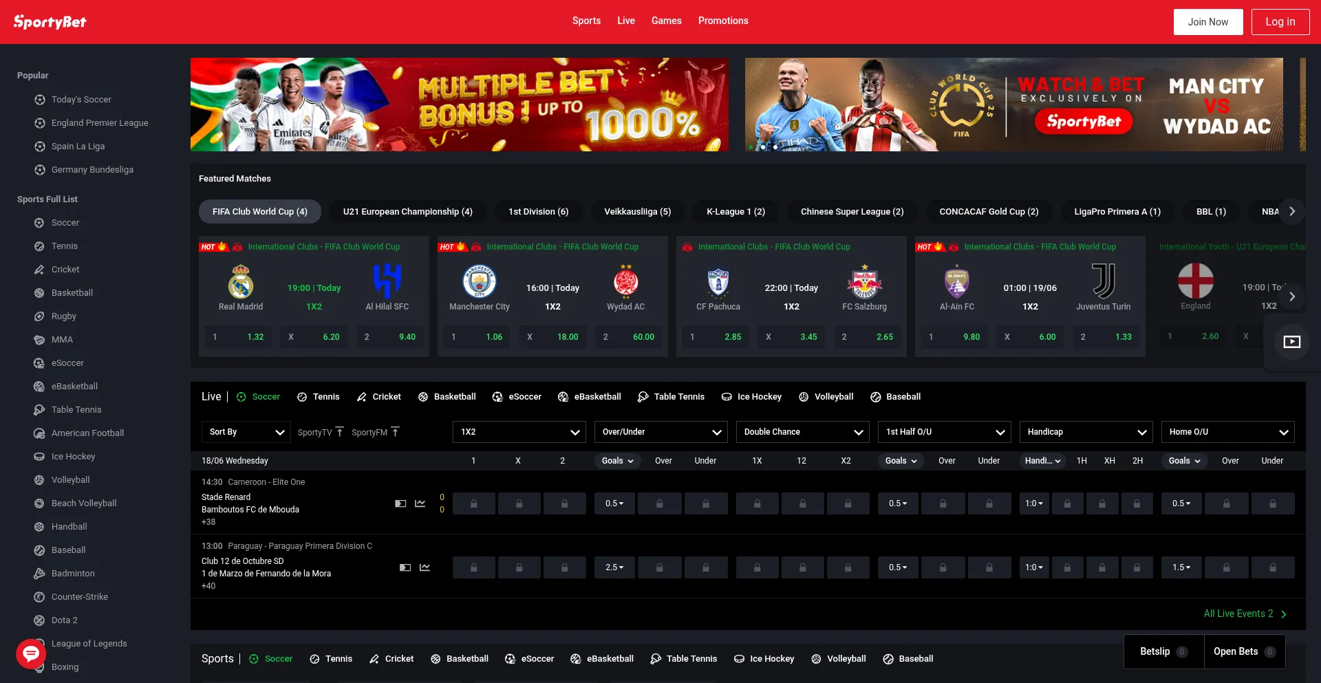 Website screenshot of Sportybet.co.za