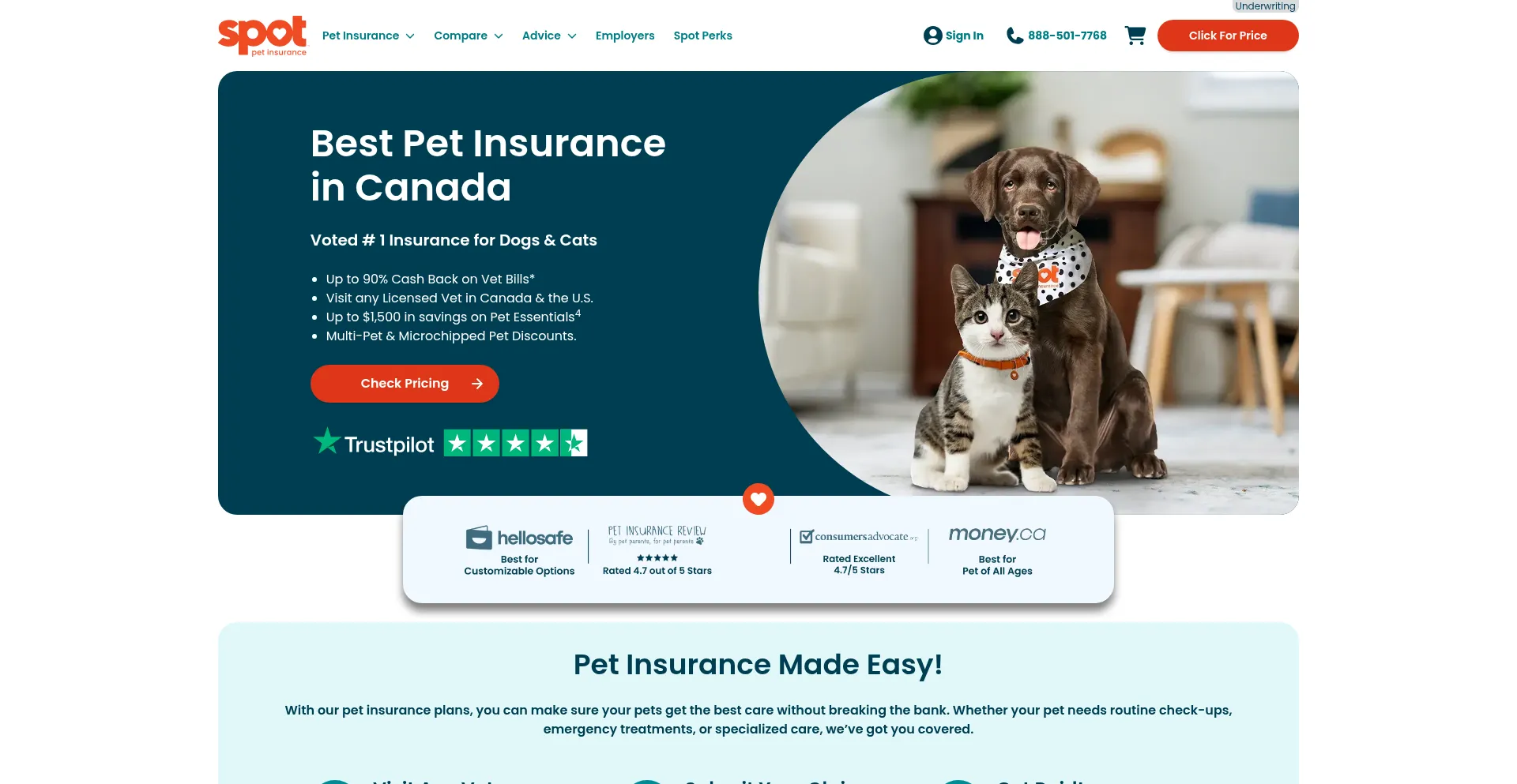 Website screenshot of Spotpetinsurance.ca