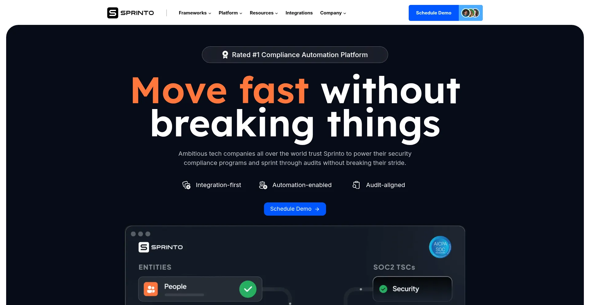 Website screenshot of Sprinto.com