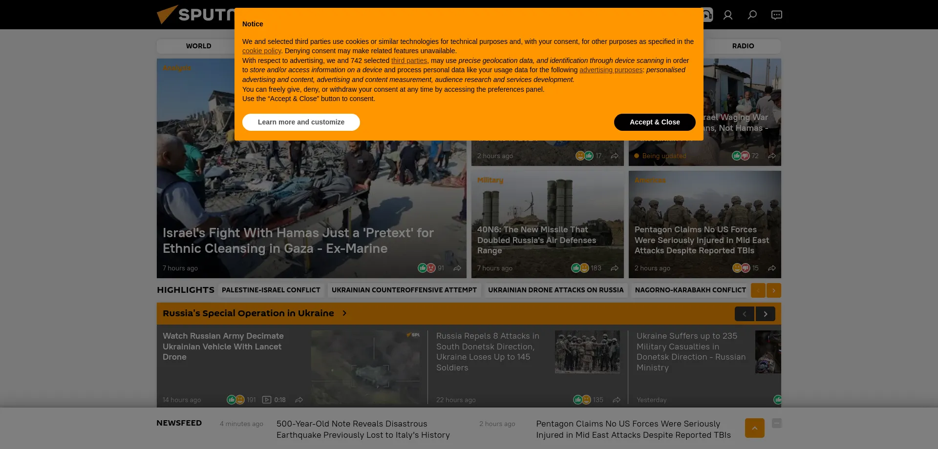 Website screenshot of Sputnikglobe.com