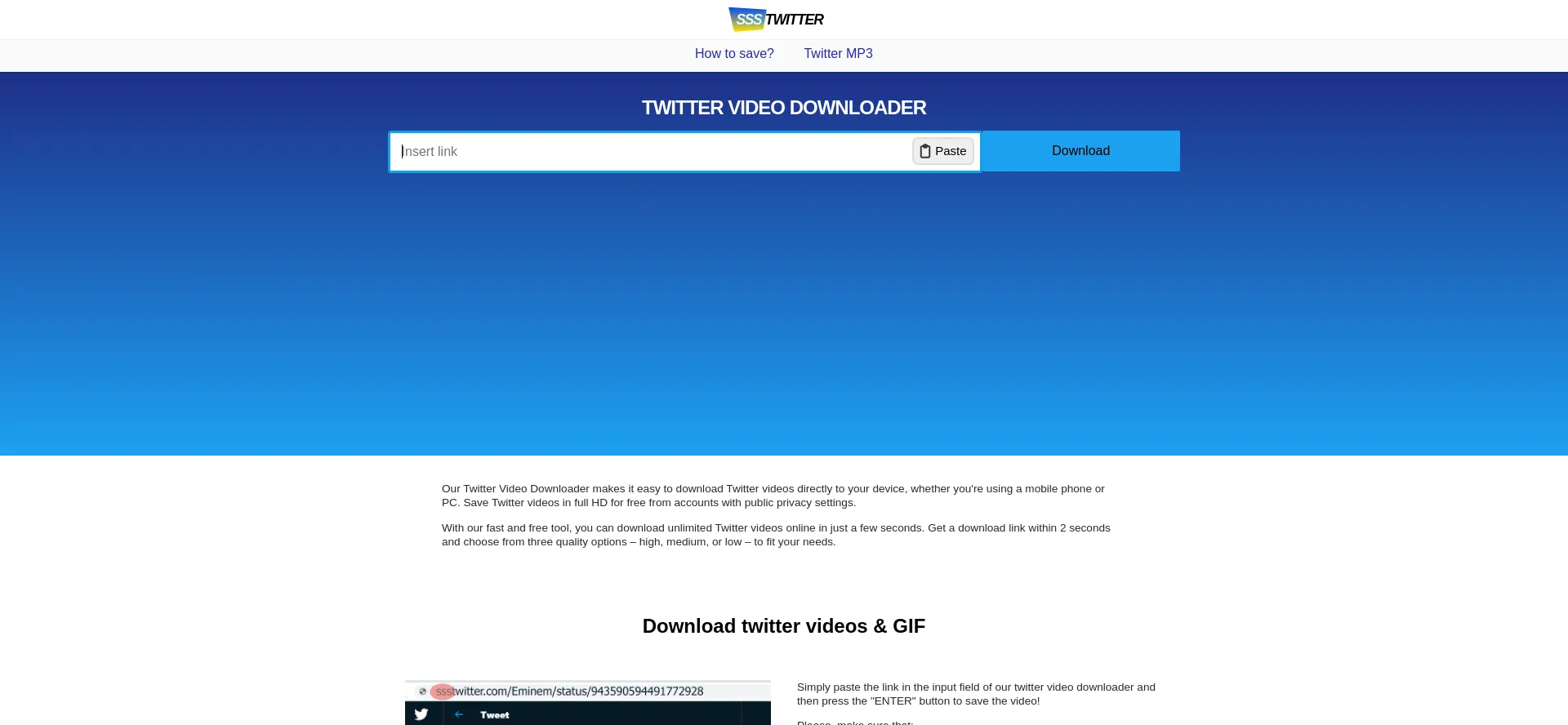 Website screenshot of Ssstwitter.com