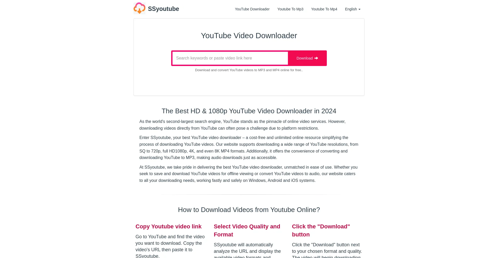 Website screenshot of Ssyoutube.rip