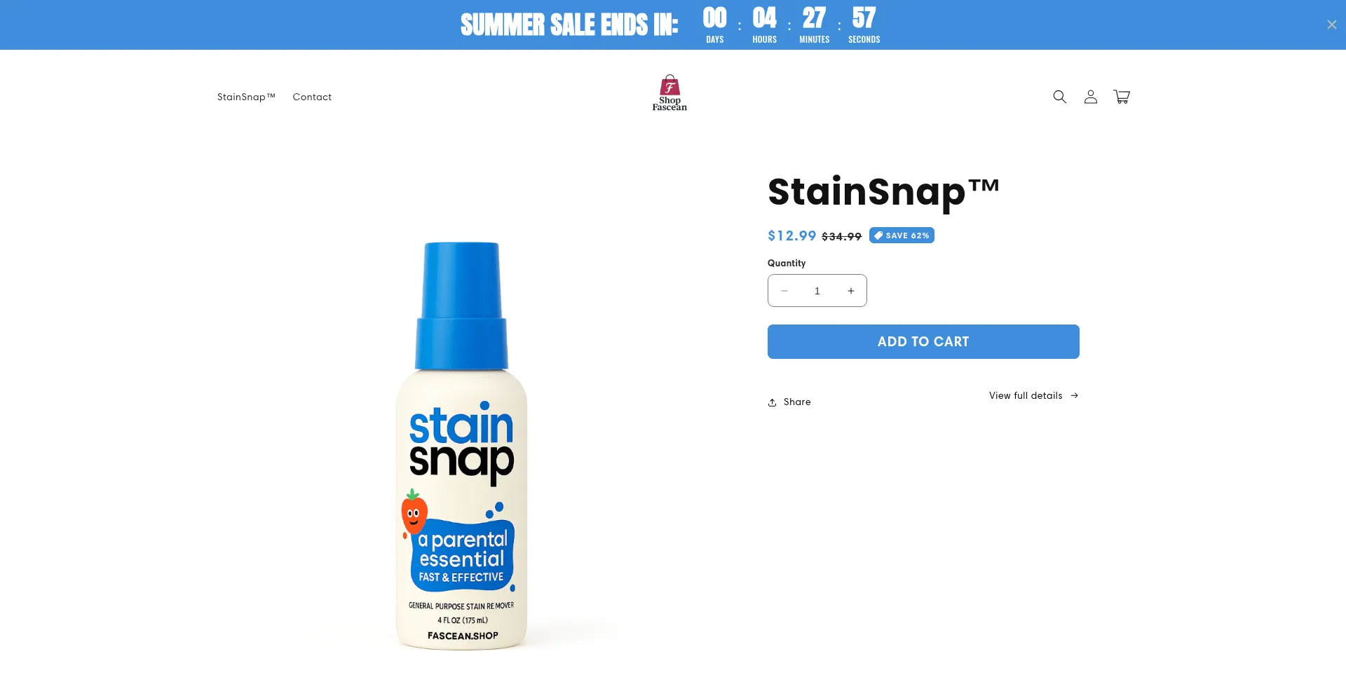 Website screenshot of Stainsnap.shopfascean.store