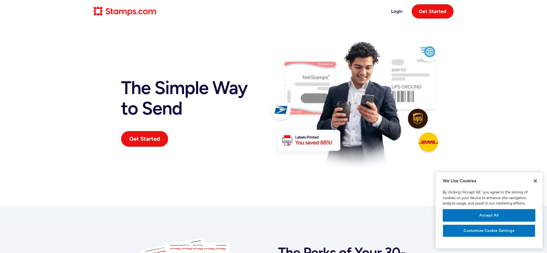 Website screenshot of Stamps.com