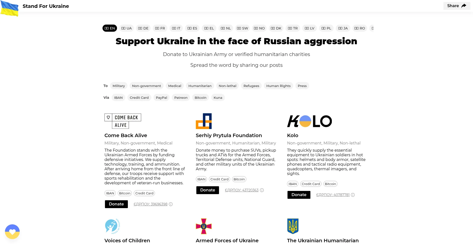 Website screenshot of Standforukraine.com