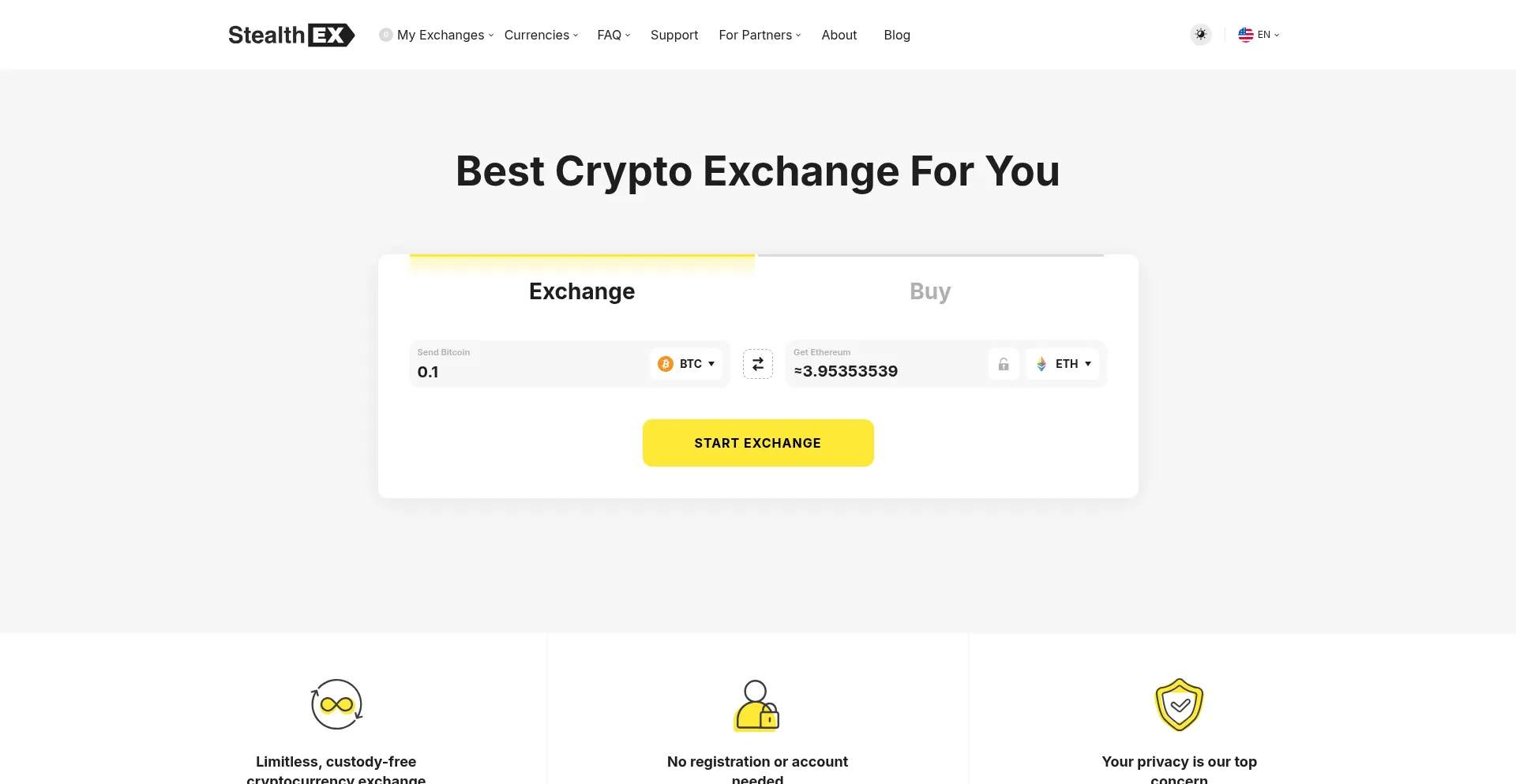 Website screenshot of Stealthex.io