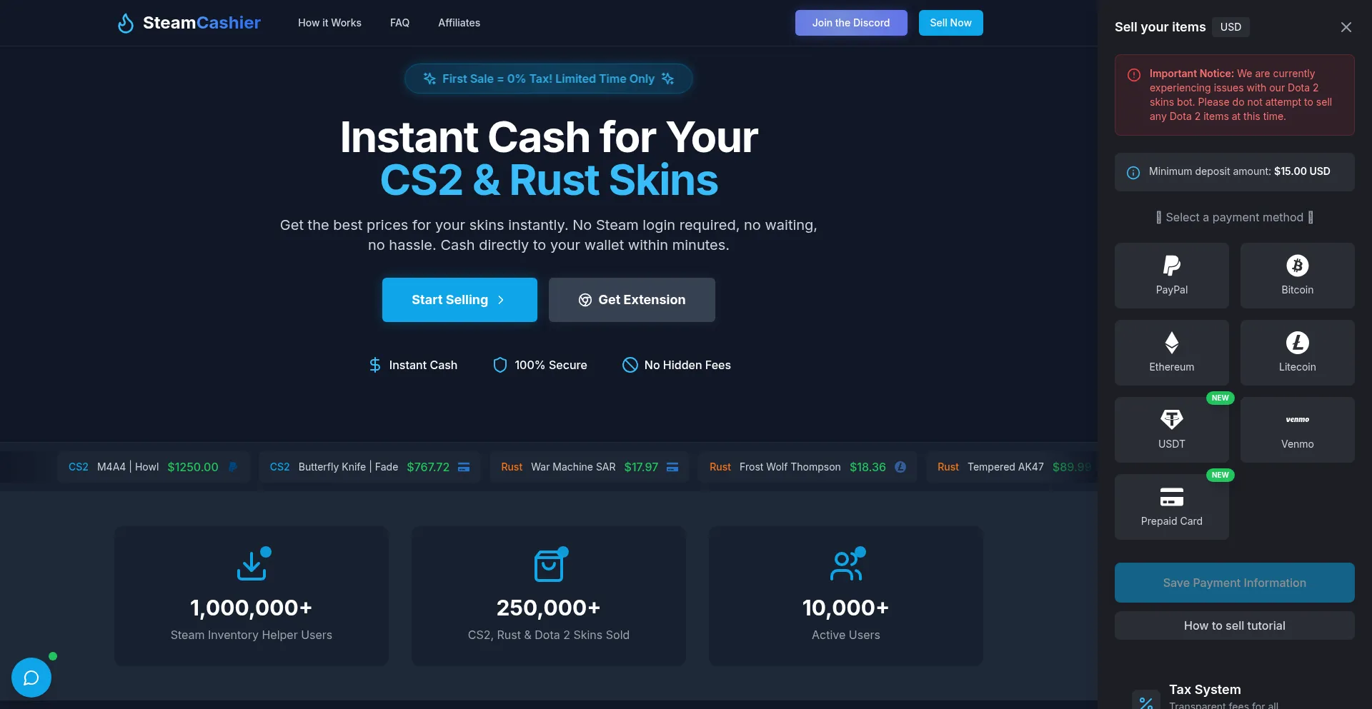 Website screenshot of Steamcashier.com