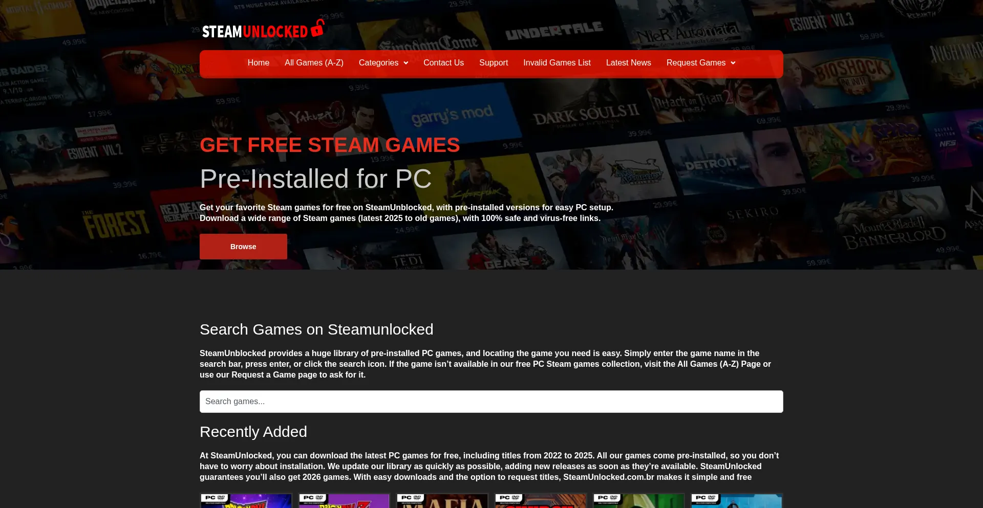 Website screenshot of Steamunlocked.com.br