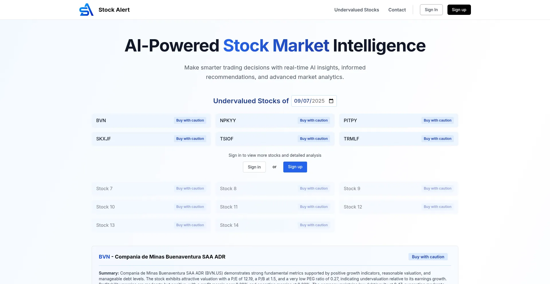 Website screenshot of Stockalert.app