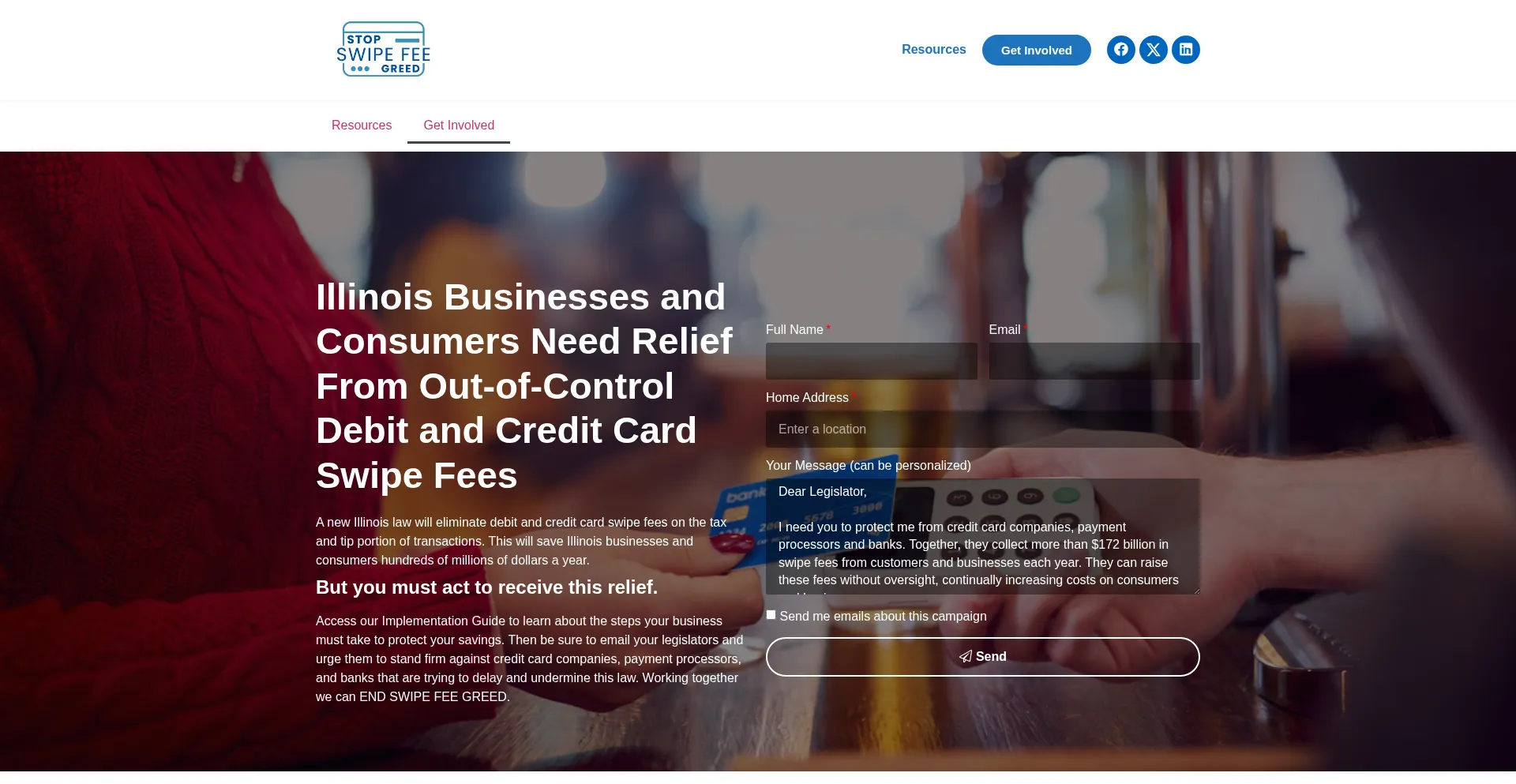 Website screenshot of Stopswipefeegreed.com