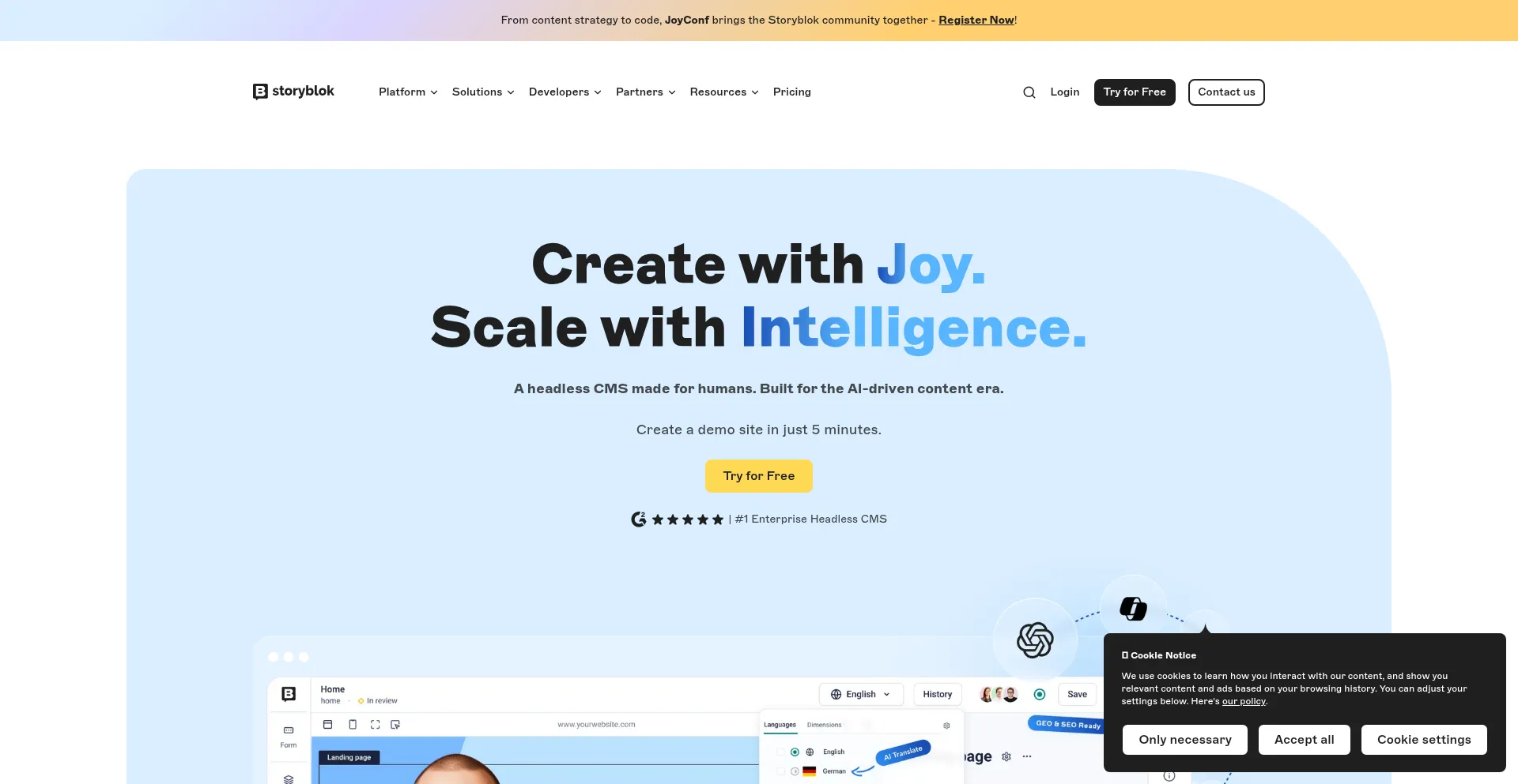 Website screenshot of Storyblok.com