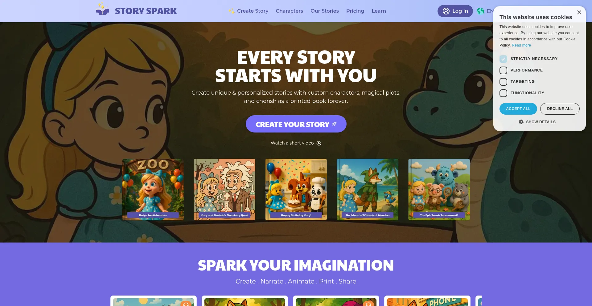 Website screenshot of Storyspark.ai