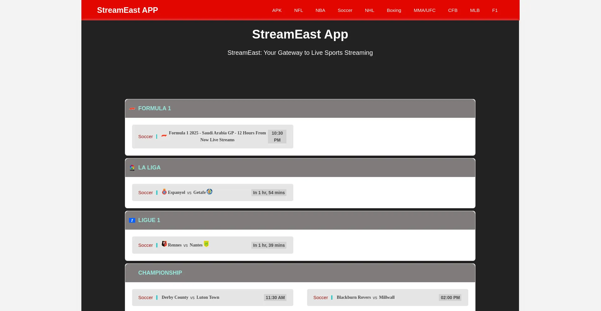 Website screenshot of Streameastapp.to