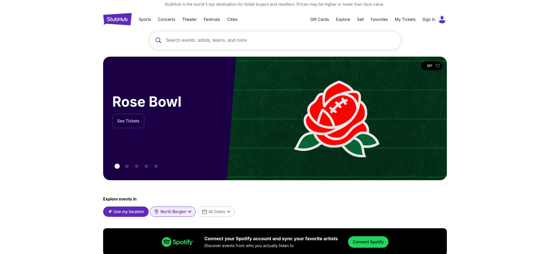 Website screenshot of Stubhub.com