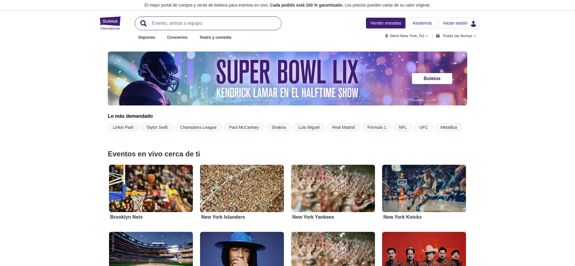 Website screenshot of Stubhub.mx