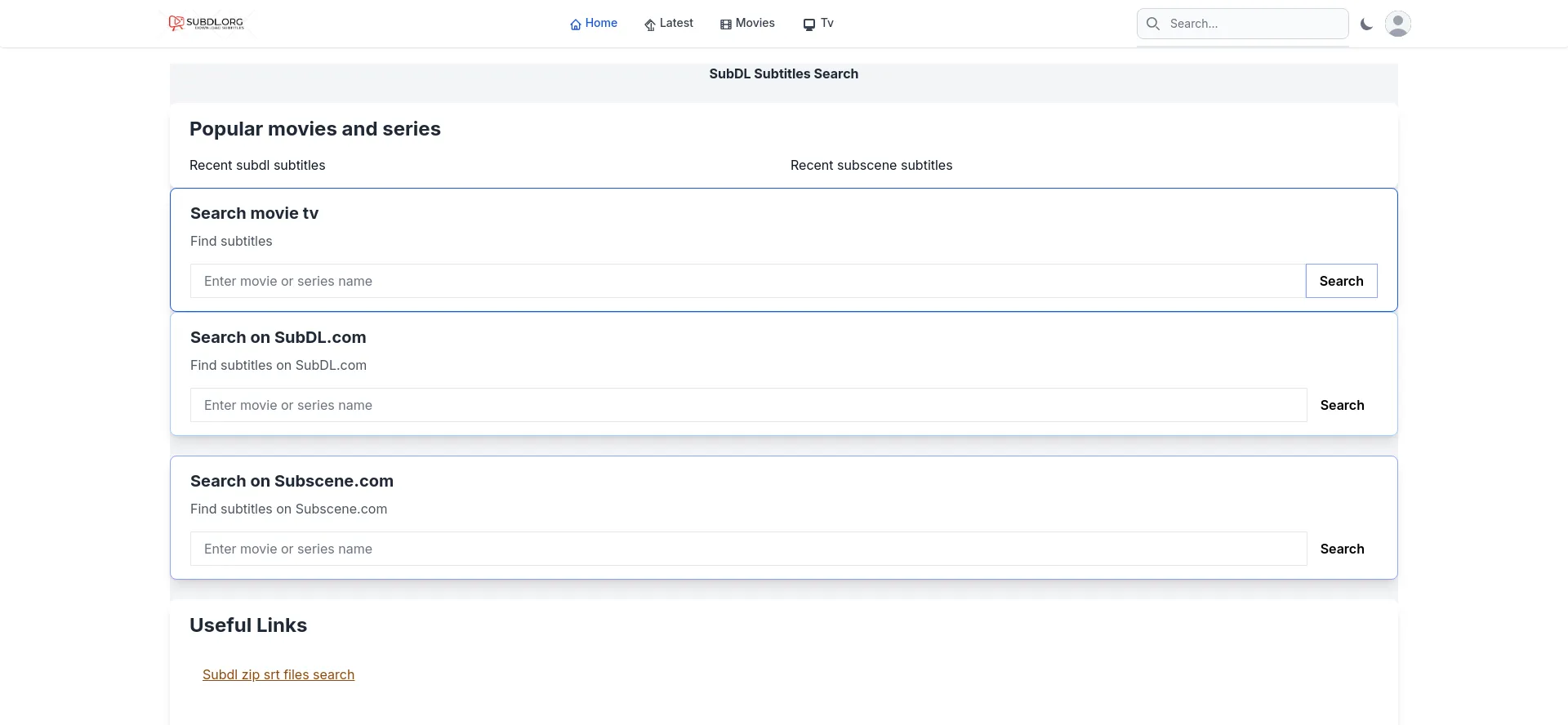 Website screenshot of Subdl.org