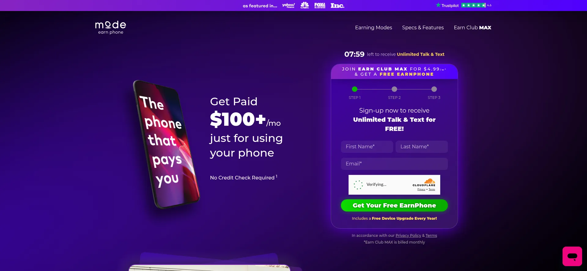 Website screenshot of Subscription.modephone.com