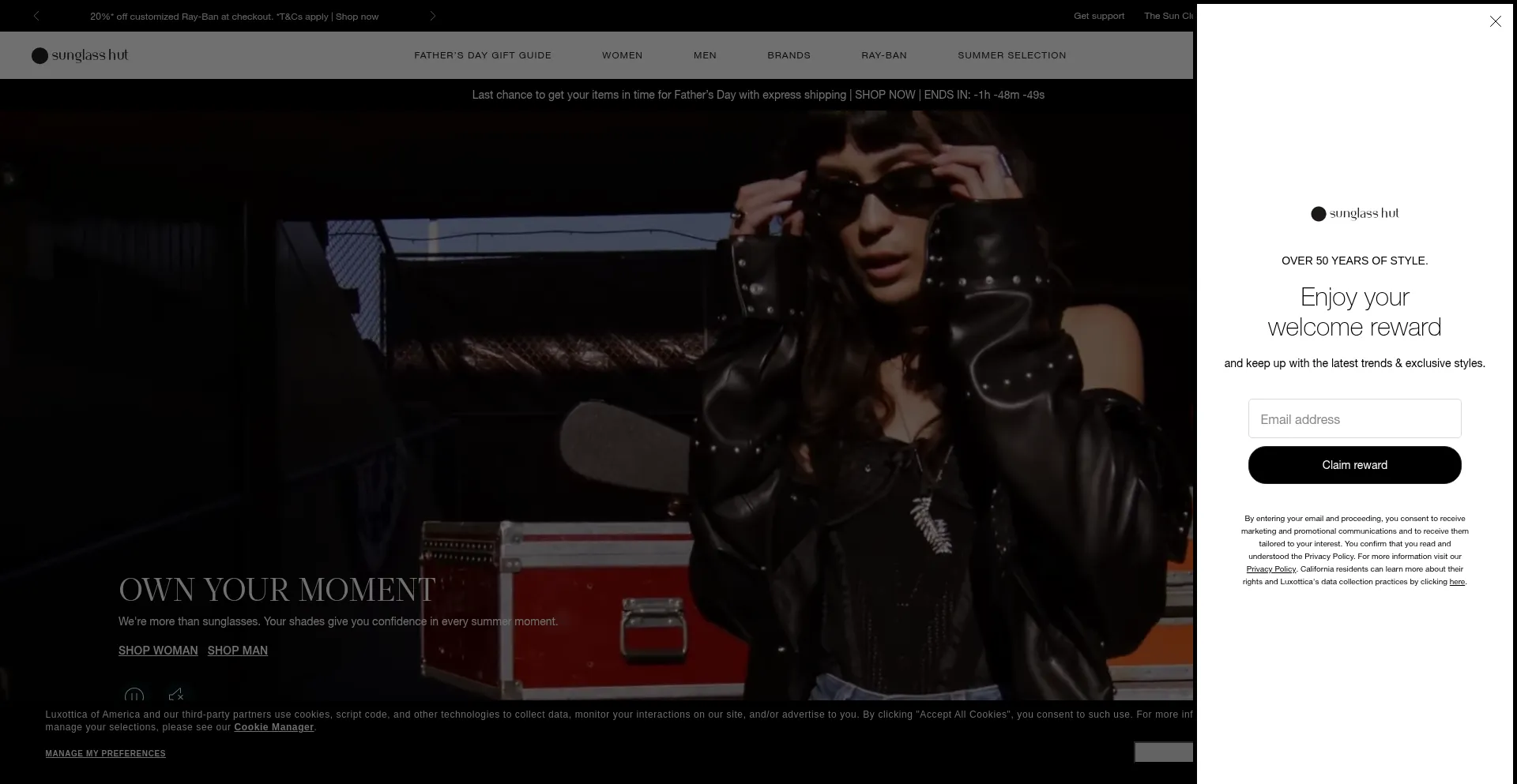 Website screenshot of Sunglasshut.com