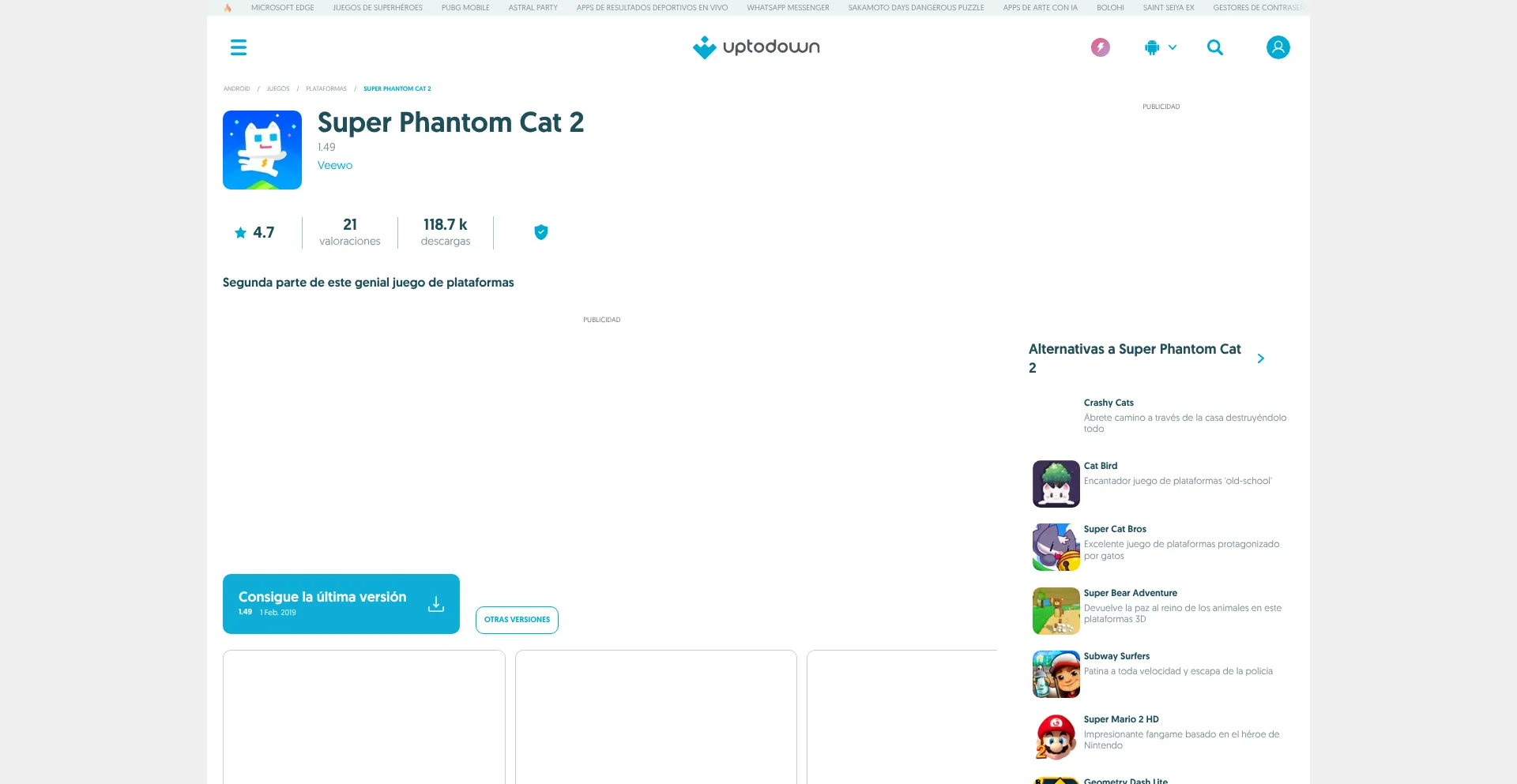 Website screenshot of Super-phantom-cat-2.uptodown.com